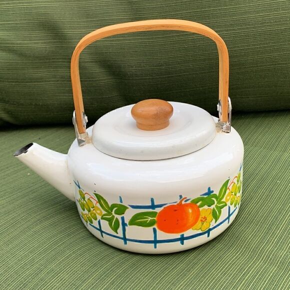 1950’s Fruit Persimmon Vintage enamel tea kettle floral design cottage core‎ - Picture 2 of 8